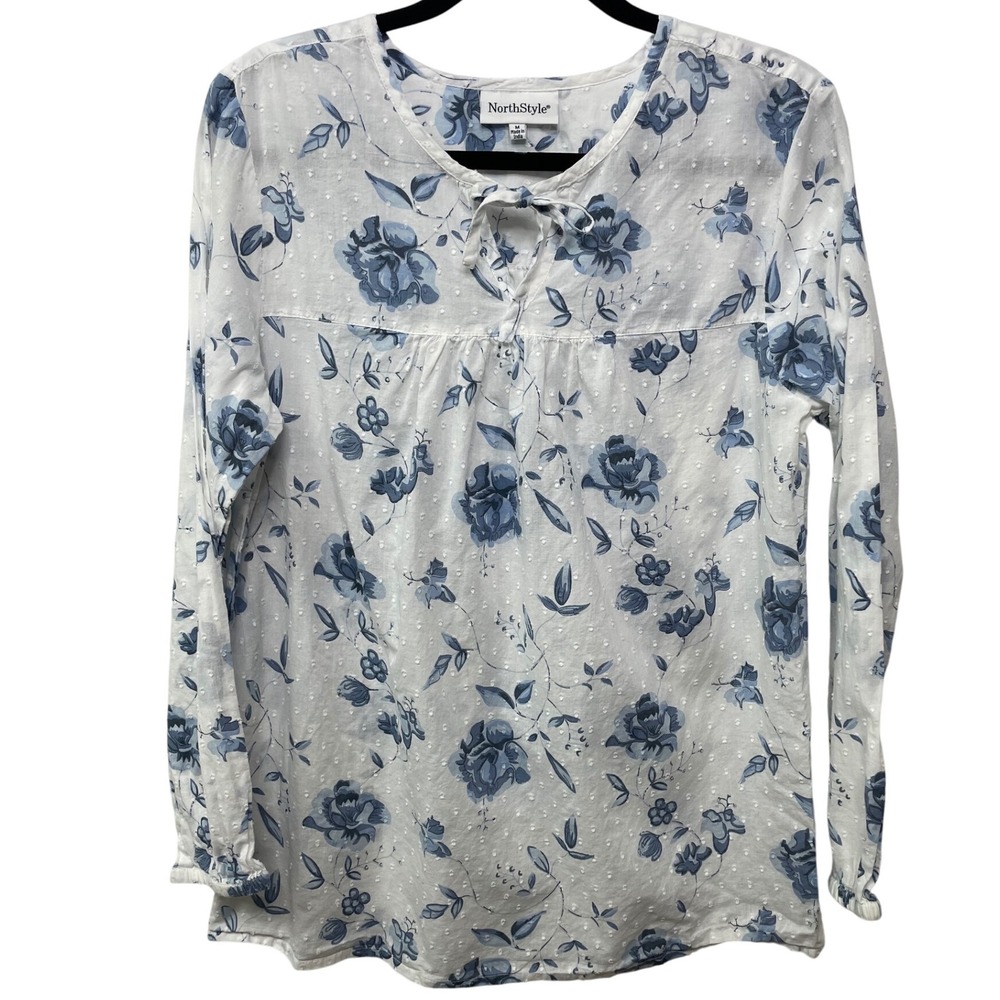NorthStyle‎ Floral Swiss Dot Blouse Tie Neck Long Sleeve White M Boho Cottage